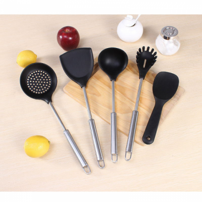 Food Grade 5 Piece Stainless Steel Silicone Kitchen Utensil Set For Nonstick Cookware Ladle Spoon Slotted Turner Scraper